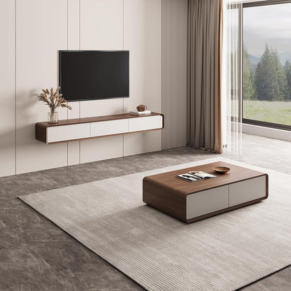 POVISON Modern Coffee Table with 4-Drawer, 51 inch Rectangle Coffee Table for Living Room,Full-Assembled, Walnut and White