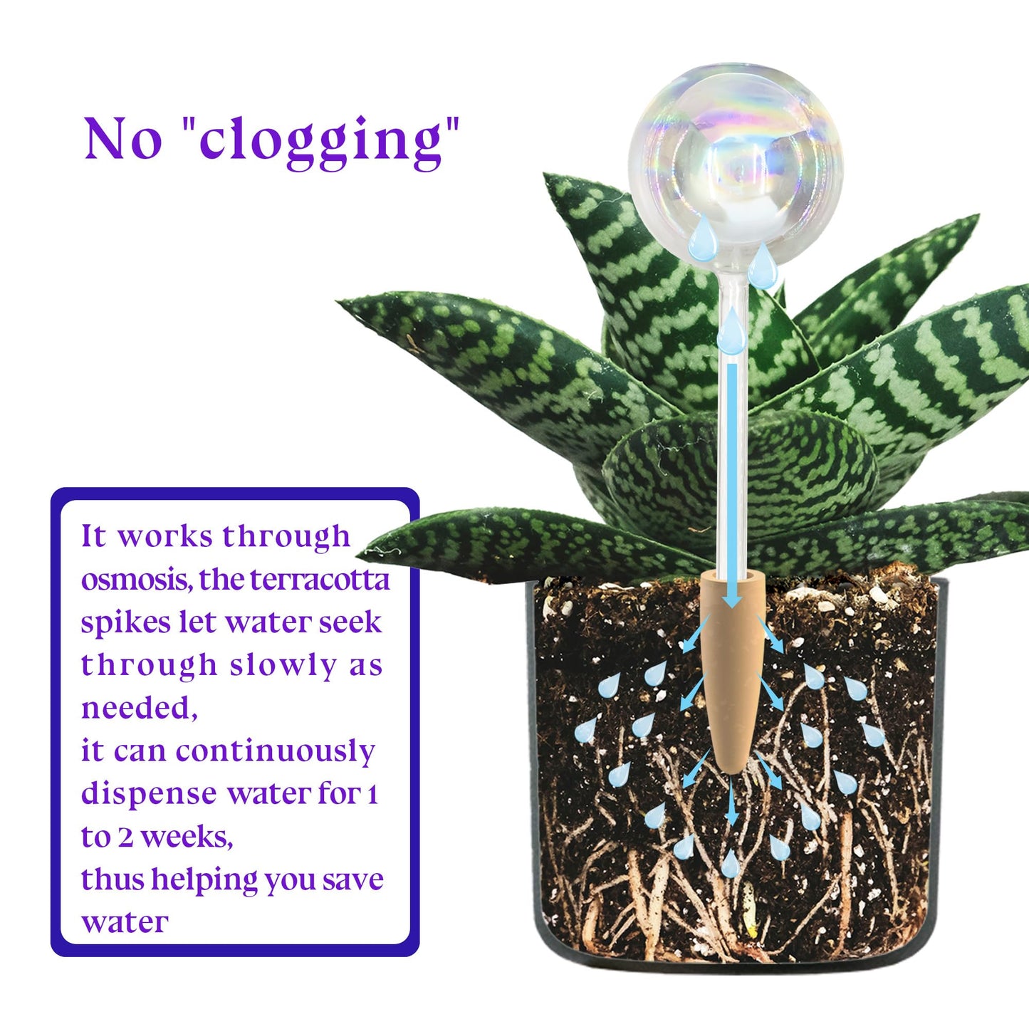 HyJeryty Non-Clogging Iridescent 2 Pack Ball Plant Watering Globes with Terracotta Spikes, Hand Blown Glass Self Watering Planter Insert Plant Watering Devices Bulbs for Indoor and Outdoor Plants