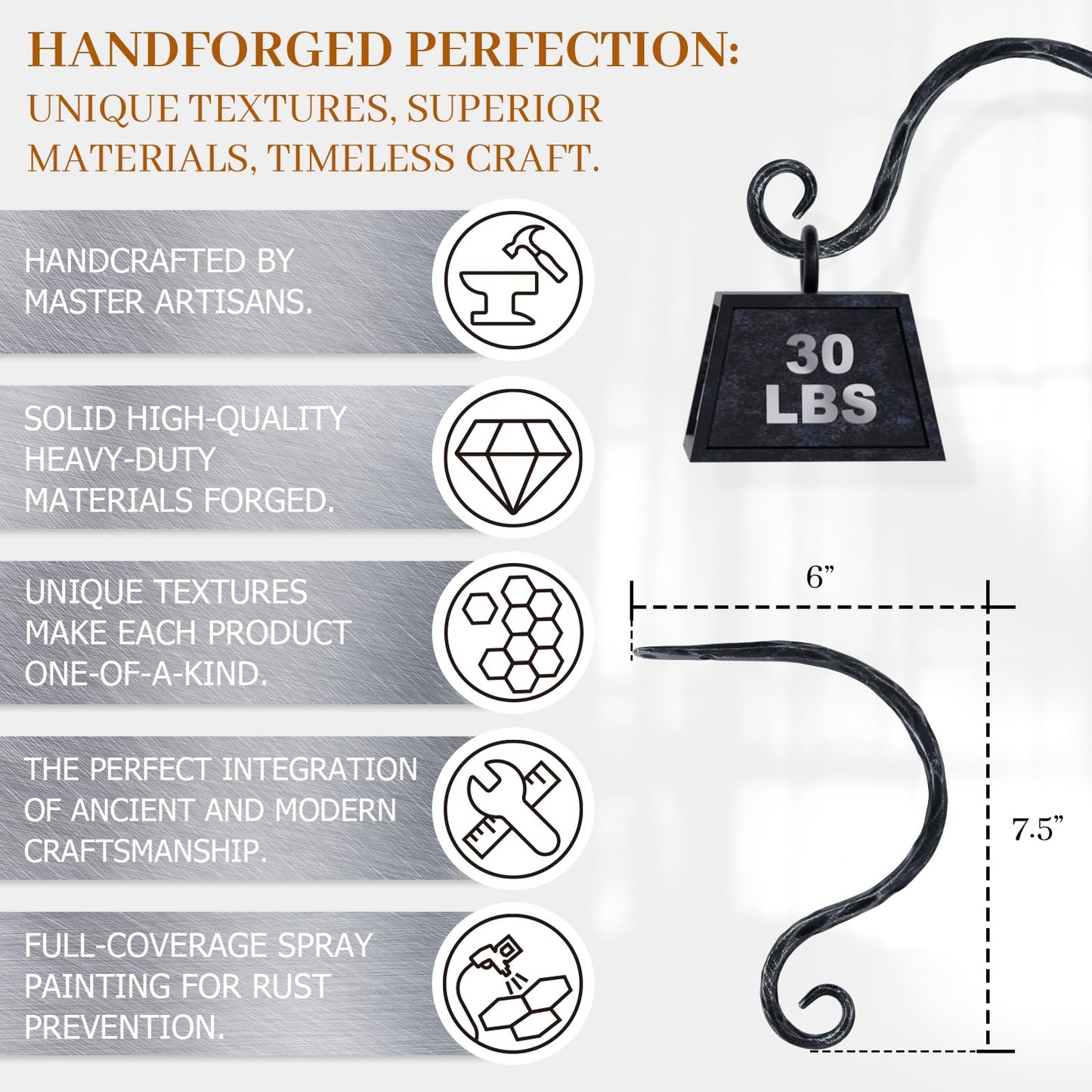 BEGINS Plant Hangers Outdoor Wrought Iron Metal Hanger Hook 2 Pack 8 inch Wall Bracket Hooks for Flower Pots, Wind Chimes, Solar Lanterns, Garden Decor