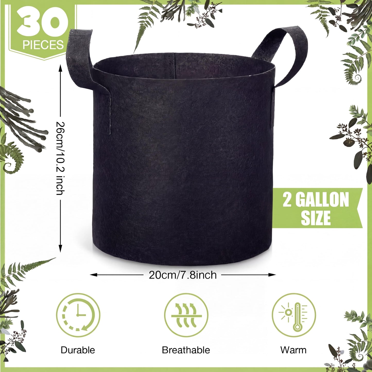 Boao 30 Pack 2 Gallon Grow Bags Aeration Fabric Pots for Plants with Handles Thickened Non Woven Grow Pots Bulk Plant Bags for Garden Vegetable Flower