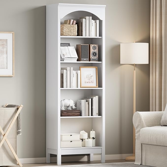 Arched Bookshelf with 5 Tier Open Shelves, Study and Living Room, Modern White