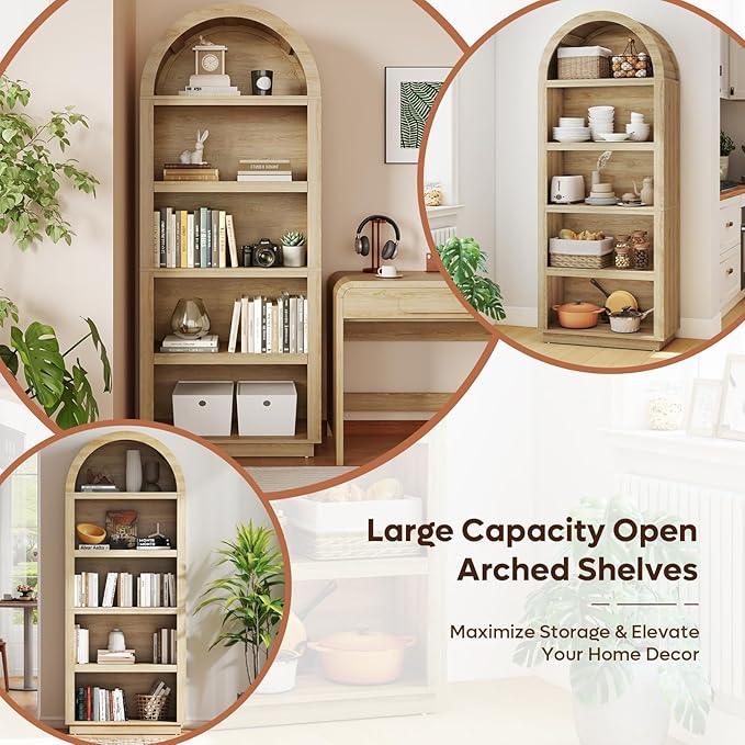 Bestier 76" Tall Arched Bookcase, 5 Tier Arched Bookshelf
