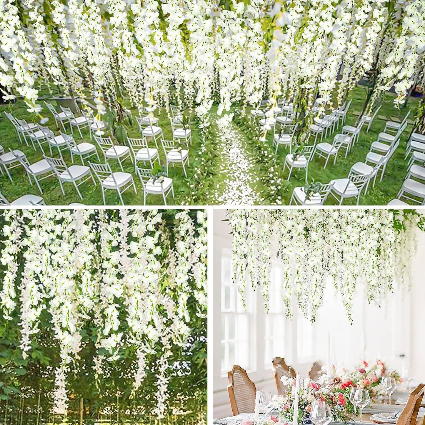 GPARK (36 Branches 12 Pack /45 inch /3.7ft Wisteria Hanging Artificial Flowers Fake Bushy Silk Vine Garland String for Wedding Party Garden Greenery Home Wall Deco Beige+Green+White