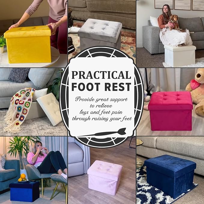 LINMAGCO Storage Ottoman Folding Foot Stool Velvet Foot Rest