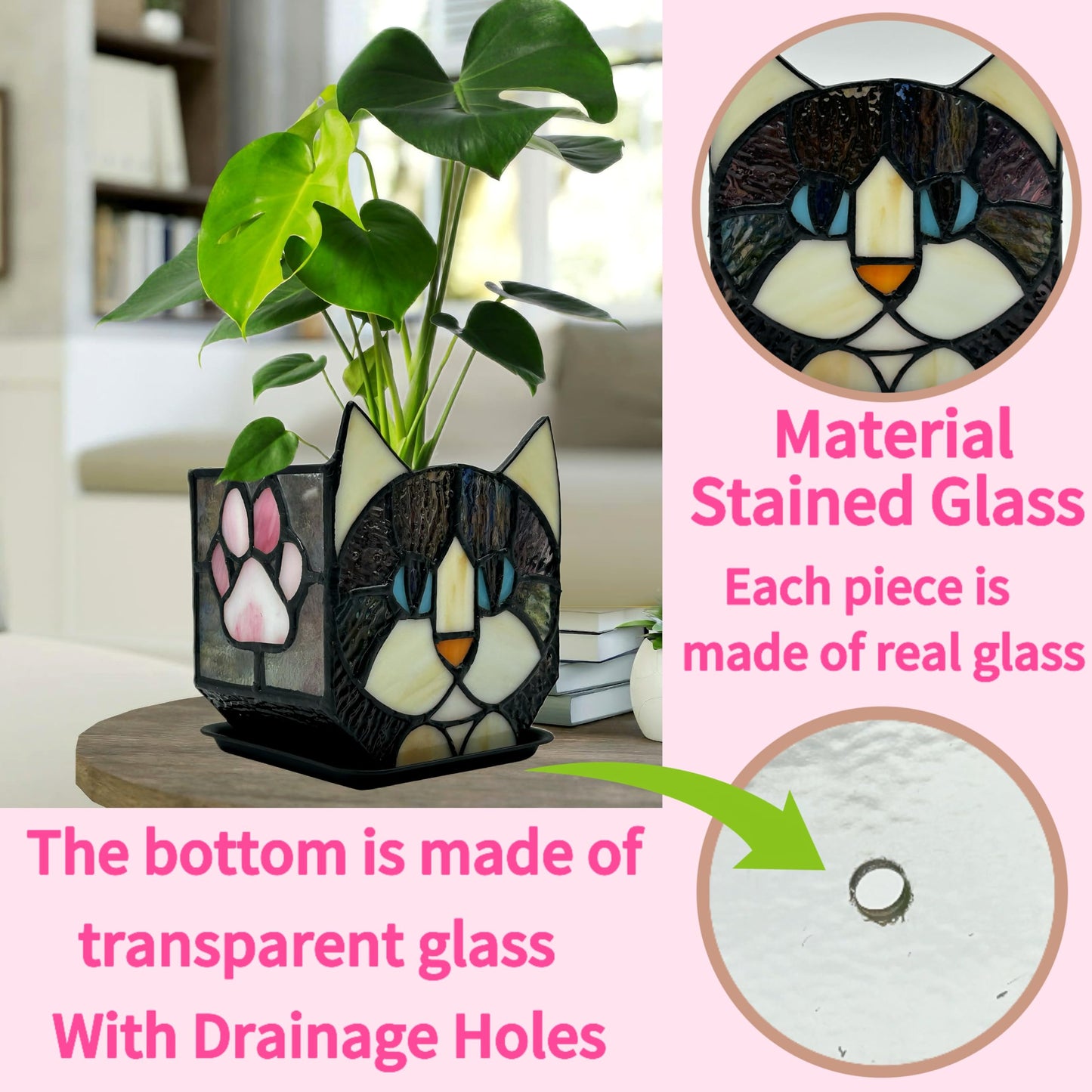 Entlityful Stained Glass Black Cat Flower Pot,Succulent Pots with Drainage,Unique Black Cat Planter,Flower Pots for Indoor Plants,Glass Container Display Decoration,Cute Plant Gifts
