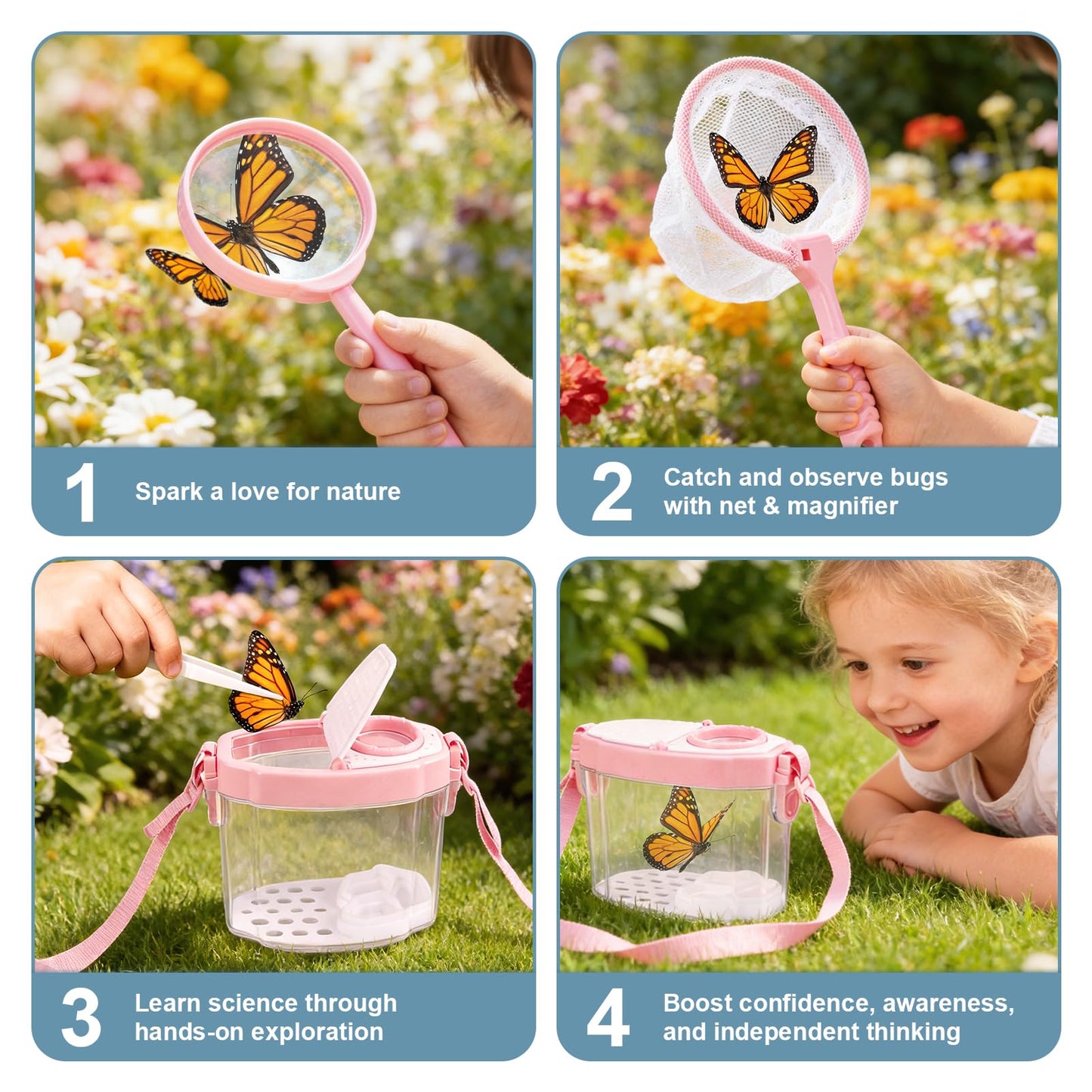 Dreamon Kids Gardening Tools & Bug Catcher Kit, 2-in-1 Outdoor Toys with Wheelbarrow and Bug House, STEM Educational Toys for 3 Year Old, Birthday Gifts Outdoor Gifts for Kids 3-5, Pink