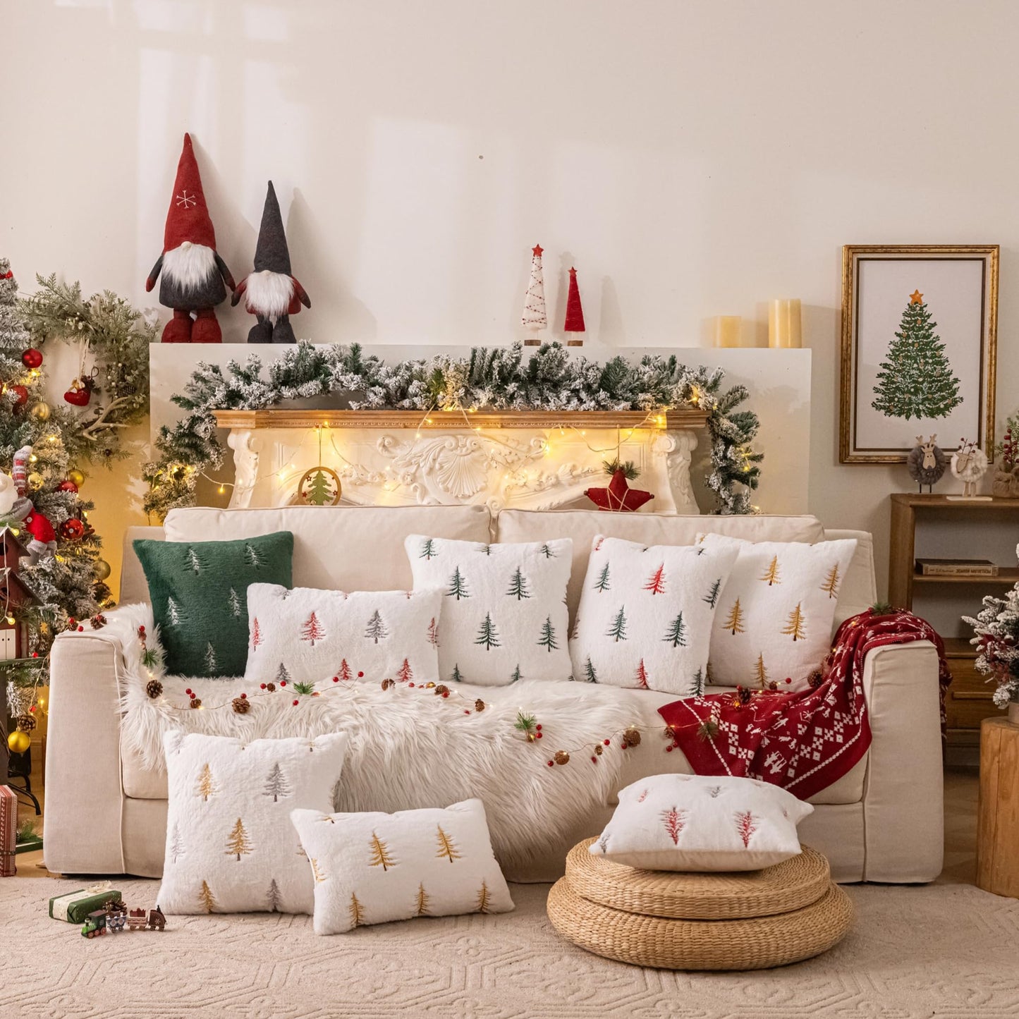 AQOTHES Christmas Tree Green Red Throw Pillow Covers 18x18, Soft Faux Fur Embroidered Throw Pillows for Couch Sofa Cushion Covers Holiday Home Decor