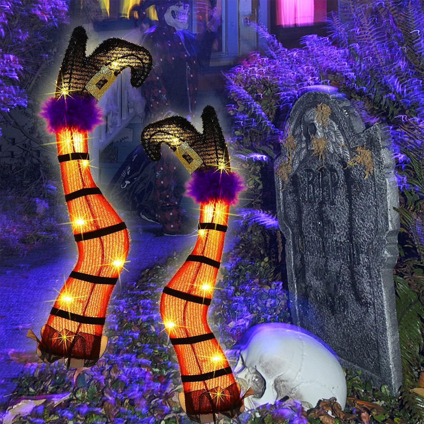 Juegoal Set of 2 Halloween Lighted Wicked Orange Witch Legs with Stakes, 22" Light Up Tinsel Halloween Yard Sign Prop Timer & 8 Modes, Battery Operated for Outdoor Party Haunted House Garden Decor