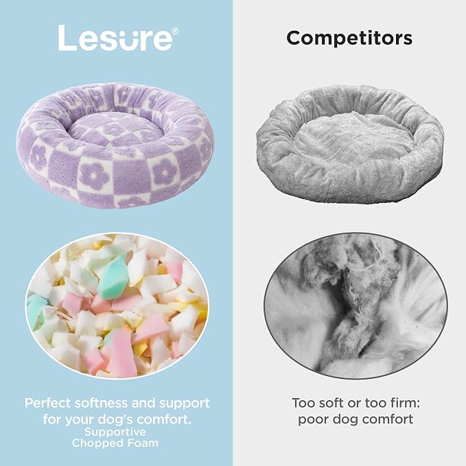 LE SURE Shown on TV Donut Dog Beds for Small Dogs - Calming Cat Sofa as Bed Gift for Indoor Cats with Washable Cover, Round Home Decor Cute Pet Beds with Jacquard Shaggy Plush, 23 Inch, Flower Checks
