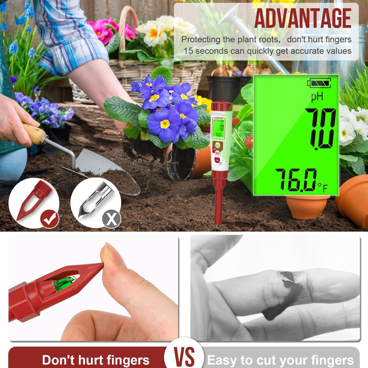 GIDIGI High Accuracy Digital pH Meter for Soil, Garden, Water, Plants, Solution and Food, Soil pH Test Kit with Thermometer LCD Display, Calibration Powder and Plastic Protective Cap