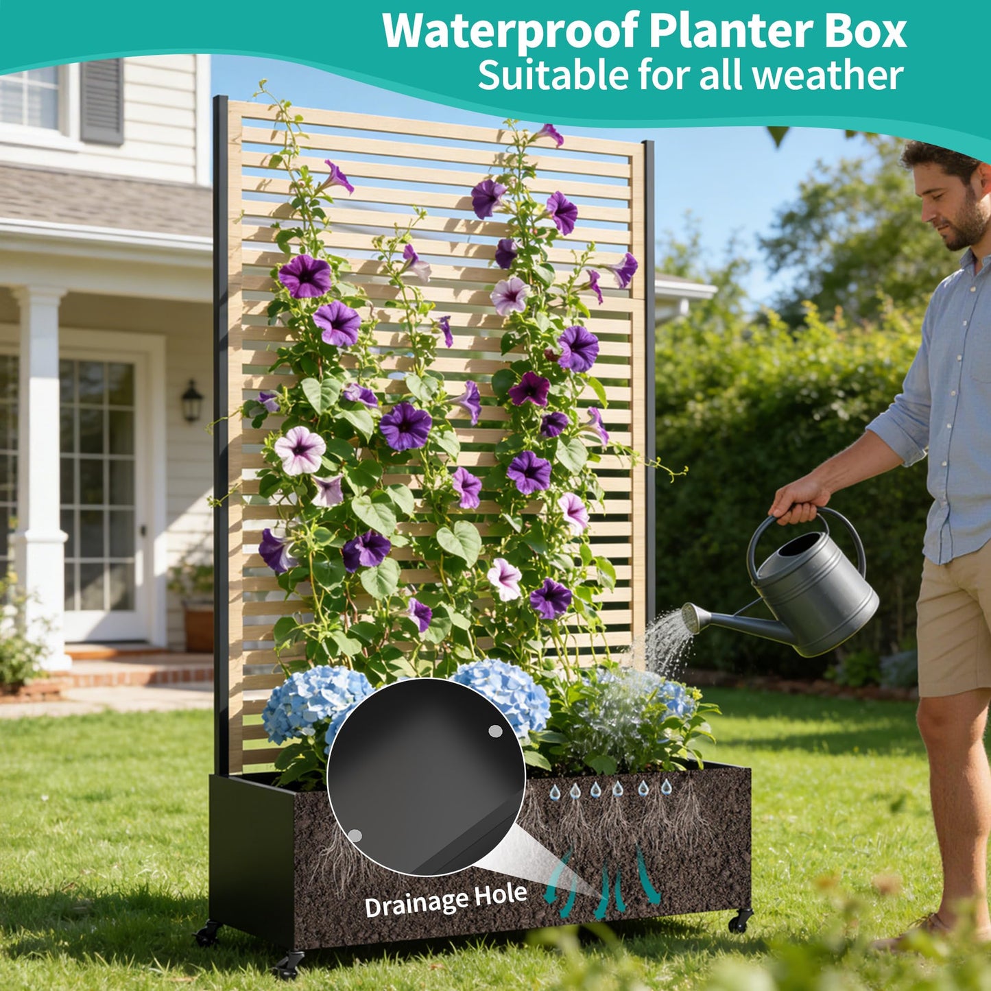 Metal Planter Box with Trellis Privacy Screen, Raised Garden Bed with Trellis & Wheels, Privacy Planters for Patio, Planter Box with Drainage Holes for Climbing Plants, Flower, 73"x 47"x 16", Wood