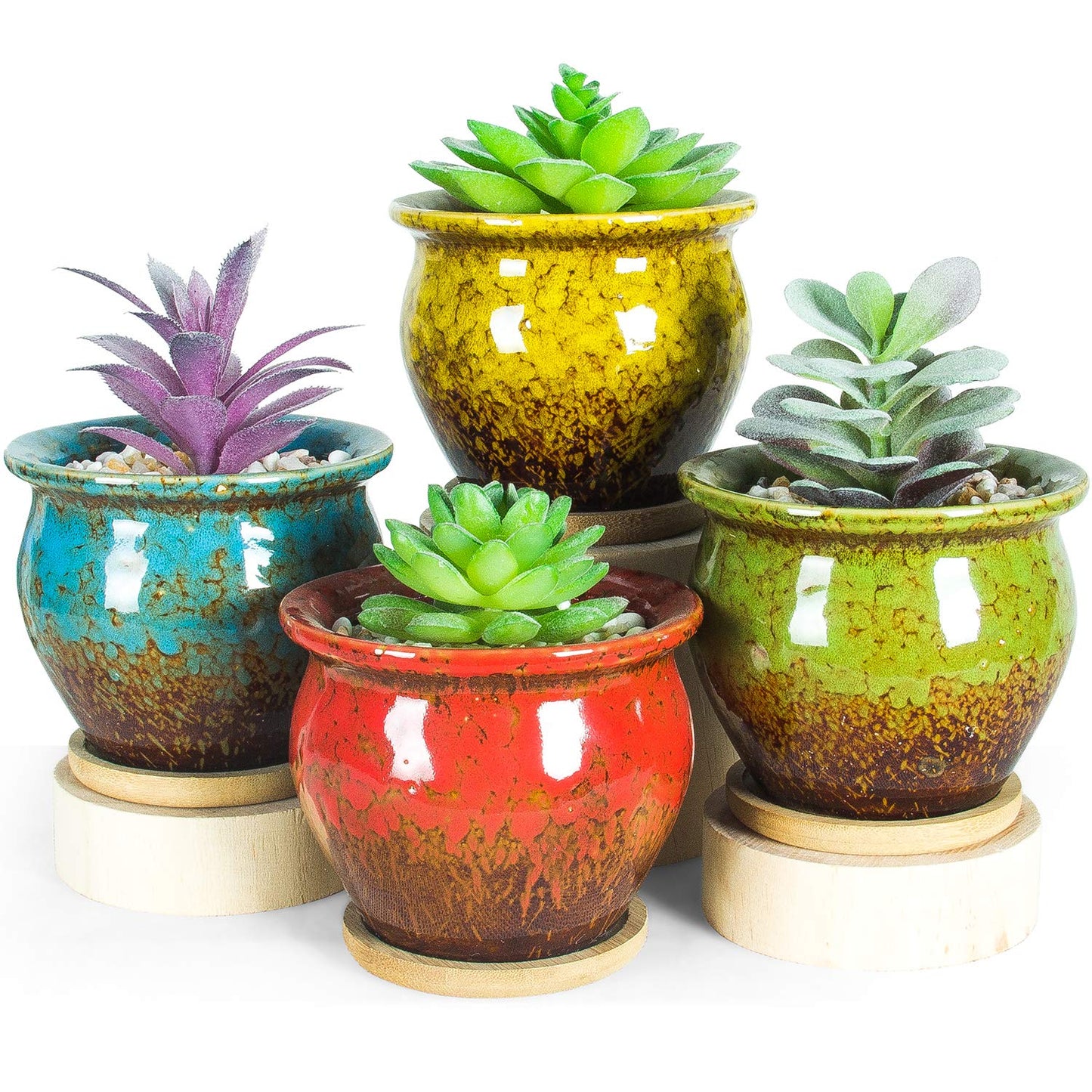 ARTKETTY Succulent Pots - 4 Pack Small Plant Pots with Drainage Tray, 4.5 Inch Ceramic Pots for Indoor Succulent Plants Colorful Cactus Flower Planters Birthday Gifts for Women