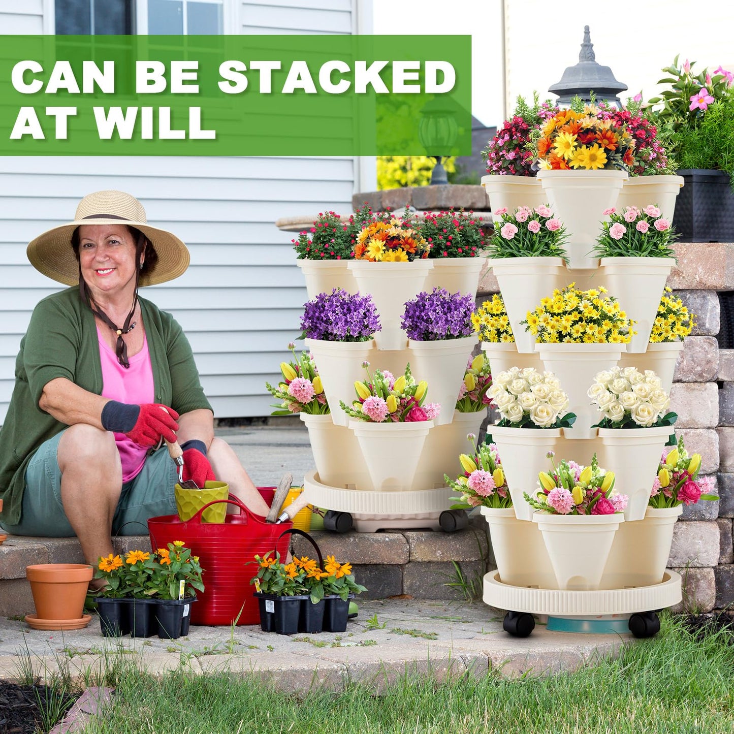 Nitial 3 Set 5 Tier Vertical Garden Planter Stackable Planters with Tray and Planting Tools Accessories for Indoor Outdoor Strawberries Herbs Peppers Flowers and Succulents
