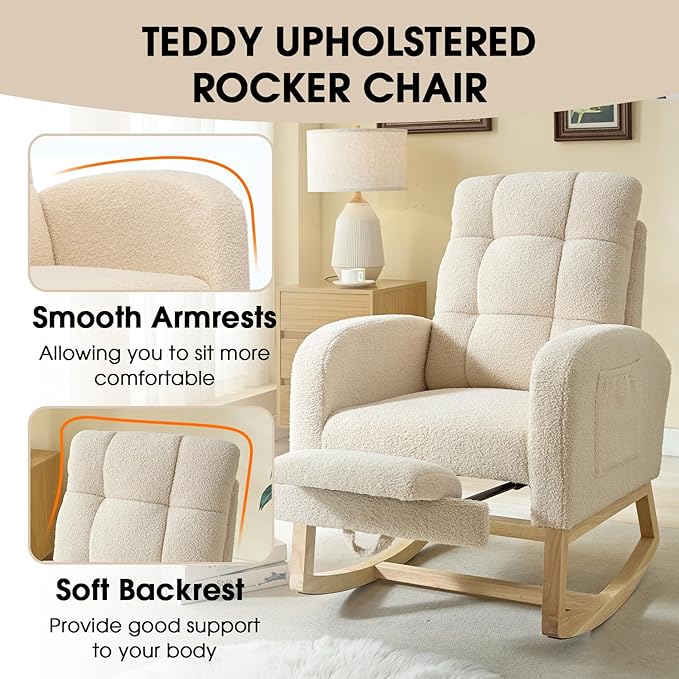 NIOIIKIT Modern Nursery Rocking Chair, Teddy Upholstered Rocking Chair