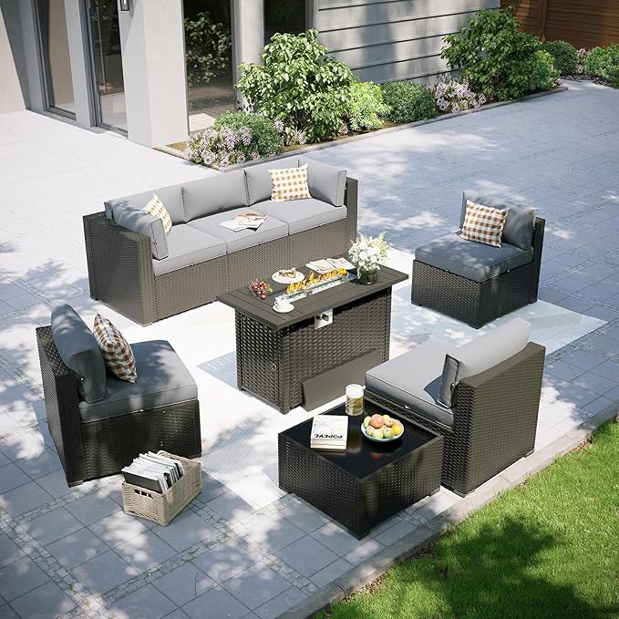 Aoxun Patio Furniture Set with Fire Pit Table, 8 Piece Outdoor Sectional Sofas