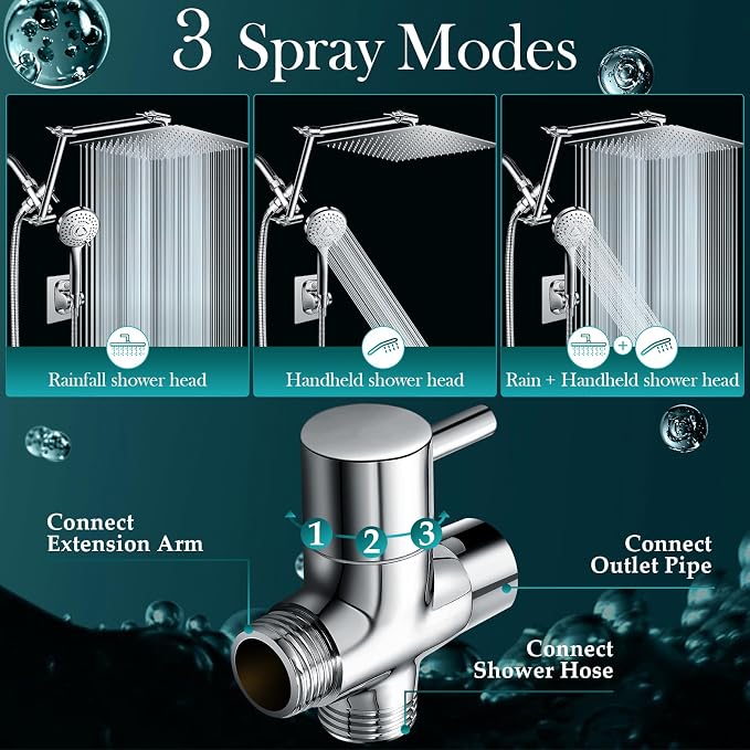 12'' Rain Shower Head Combo, High Pressure Rainfall Shower Head with 16'' Flexible Adjustment of Height/Angle Upgraded Extension Arm and 5 Setting Spray Handheld Shower Head, Anti-leak (Chrome)