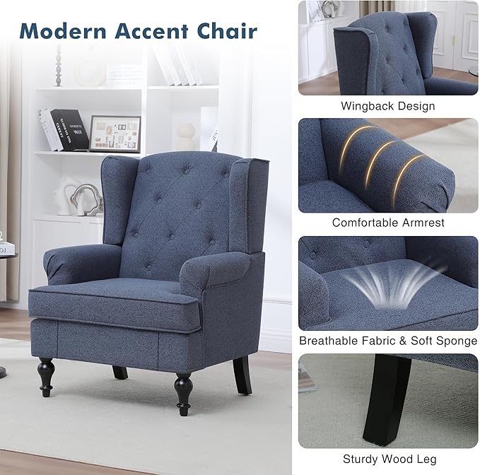 Accent Chair for Living Room, Mid Century Modern Upholstered Armchair, Wingback