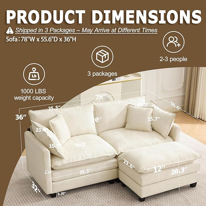 78” Modular Sectional Sofa, L Shaped Cloud Couch