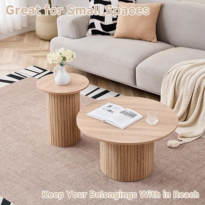 Round Nesting Coffee Table Set of 2 Mid Century Modern Wood Round Coffee Tables