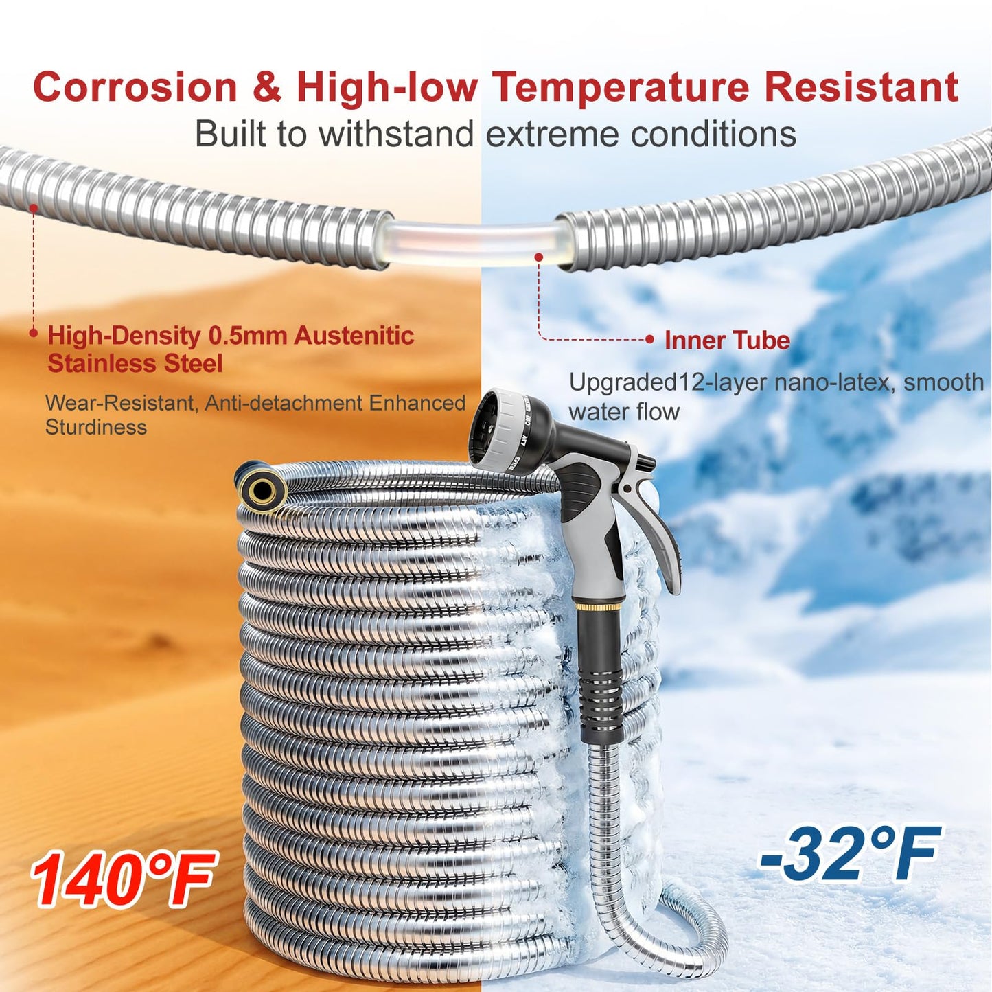 Lefree 150ft Stainless Steel Garden Hose - No-Kink Leak-Proof Crush Resistant, with Upgraded Protective Rubber Sleeve, 10-Function Nozzle for Lawn Care, RV Camp, Long-Distance Yard Watering