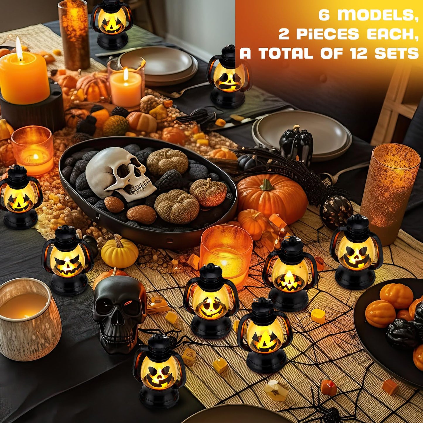 ROCEEI Halloween Mini Pumpkin Lantern 3.54 Inch Jack O Lantern Table Centerpiece Halloween Hanging Decoration Bulk Light up Lamp with Flickering LED Candle for Party Decor Indoor Outdoor(12 Pcs)