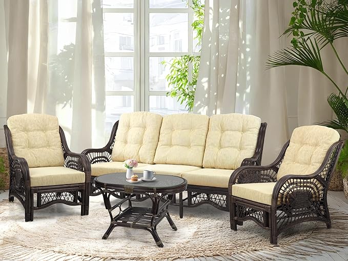 Malibu Lounge Set of 4: 2 Natural Rattan Wicker Chairs, Three-Seater Sofa