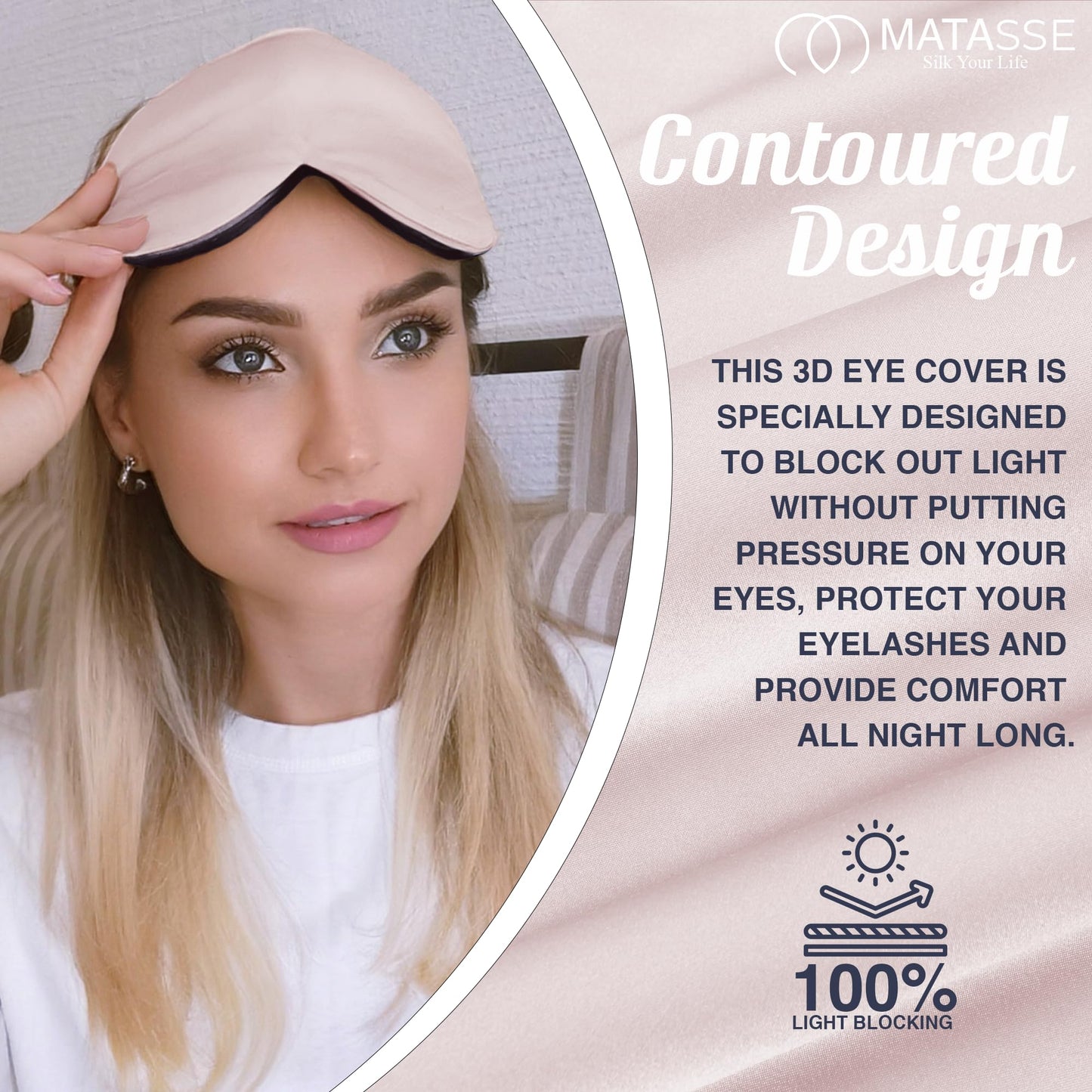 MATASSE Silk Eye Mask for Sleeping with Adjustable Elastic Band - 3D Contoured, Eye Cover Sleep Mask w/Genuine Mulberry Silk Including The Strap for Women, Men (Black)