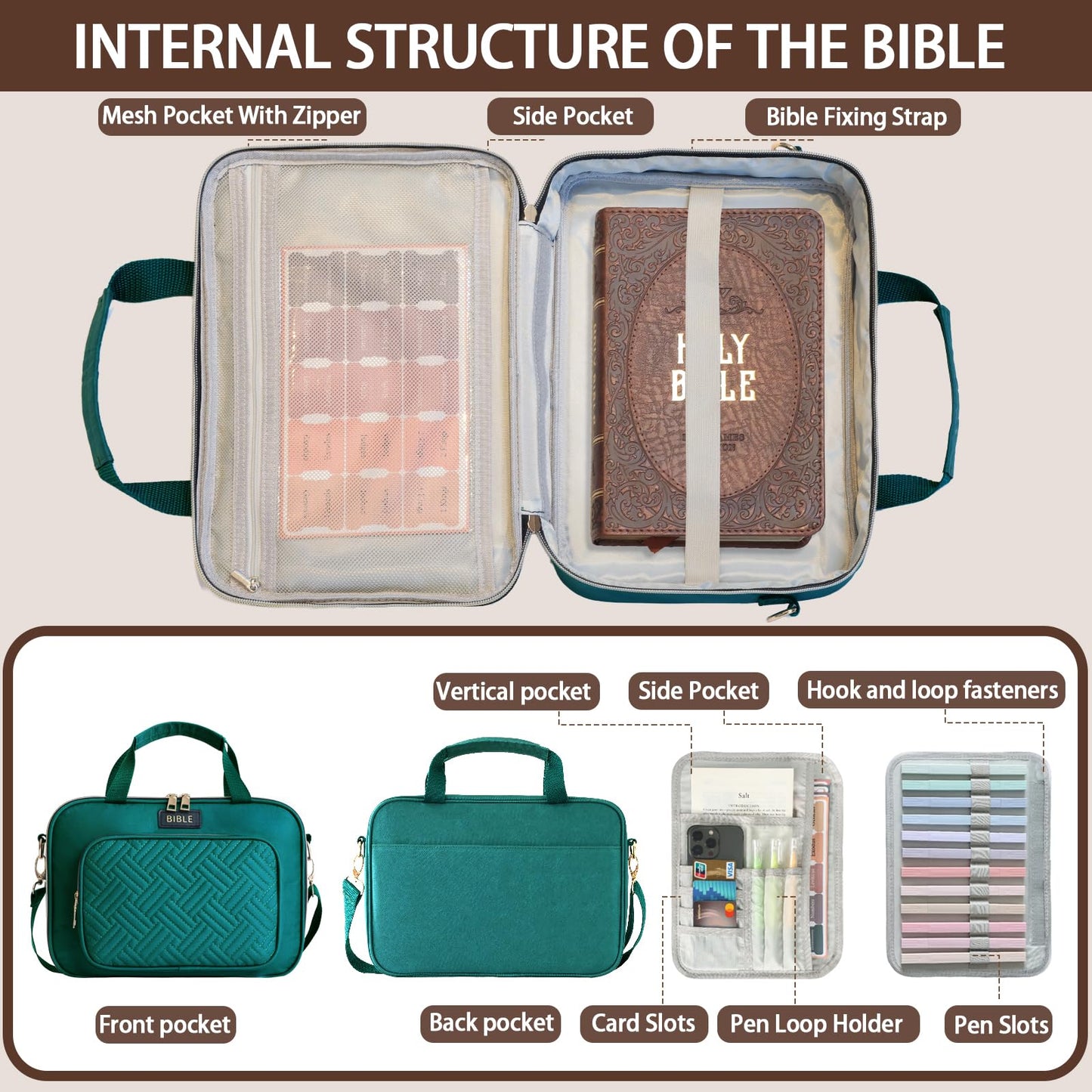 Bible Cover for Women Bible Case, Large Bible Bag, Bible Study Supplies Bible Journaling Kit Book Carrying Case with Bible Highlighters Tabs, Valentines Day Christian Gifts for Women (Green)