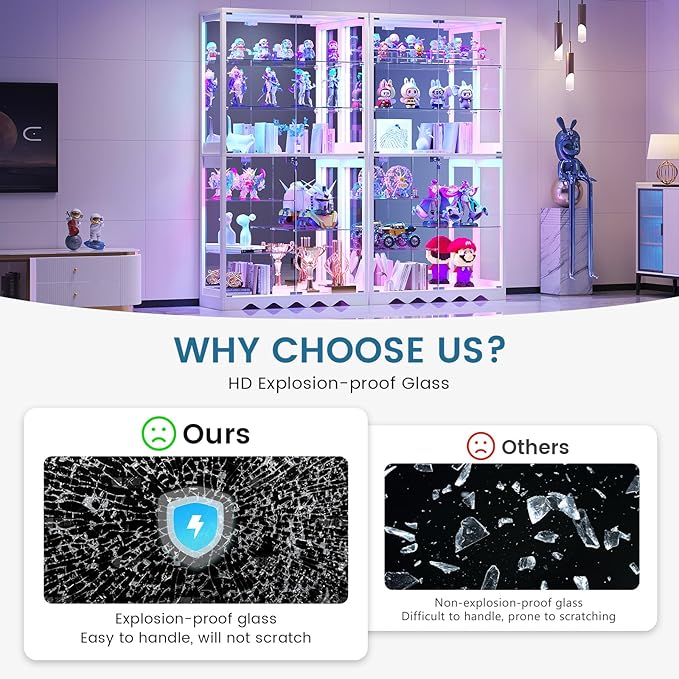 Large Display Cabinet with Glass Doors, 8-Tier RGB Curio Cabinet with Smart