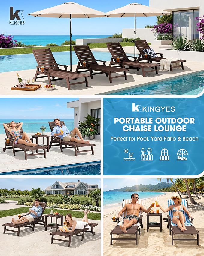 KINGYES HDPE Lounge Chair Outdoor, Patio Chaise Lounge Recliner