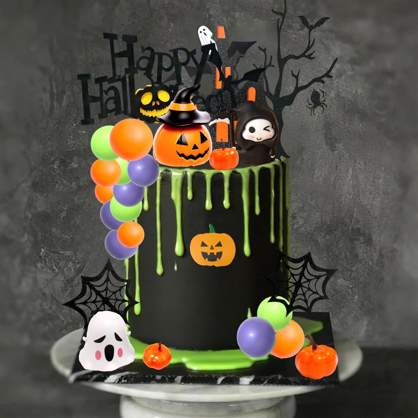Tyotrbs Halloween Cake Toppers 3D Pumpkin Bat Ghost Cake Balls Cake Decorations Happy Halloween Cake Topper For HalloweenParty Supplies