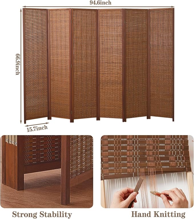6 Panel Room Divider and Extra Wide Folding Privacy Screen, 94.5" W x 67" H