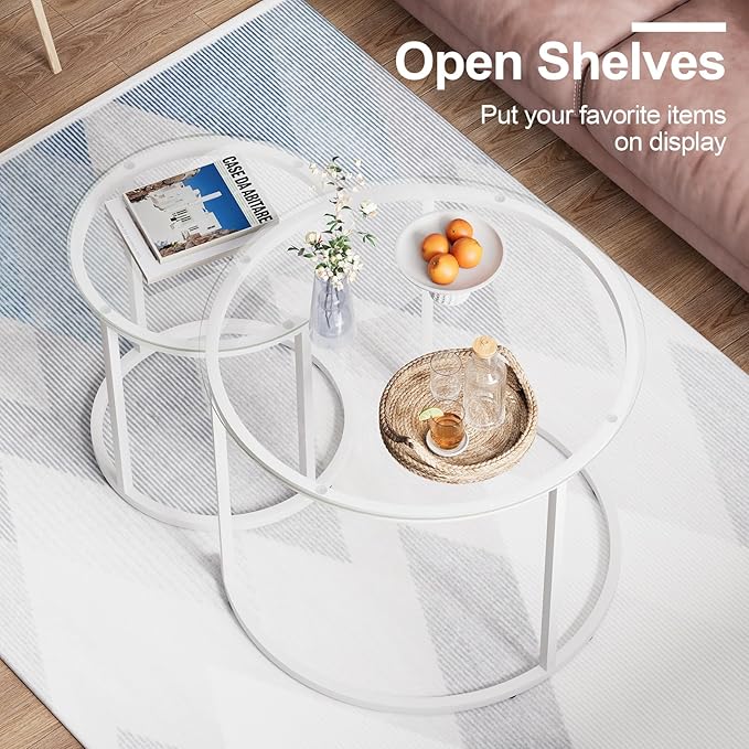aboxoo White Nesting Glass Table Set of 2, Small Glass Round Nesting Tables