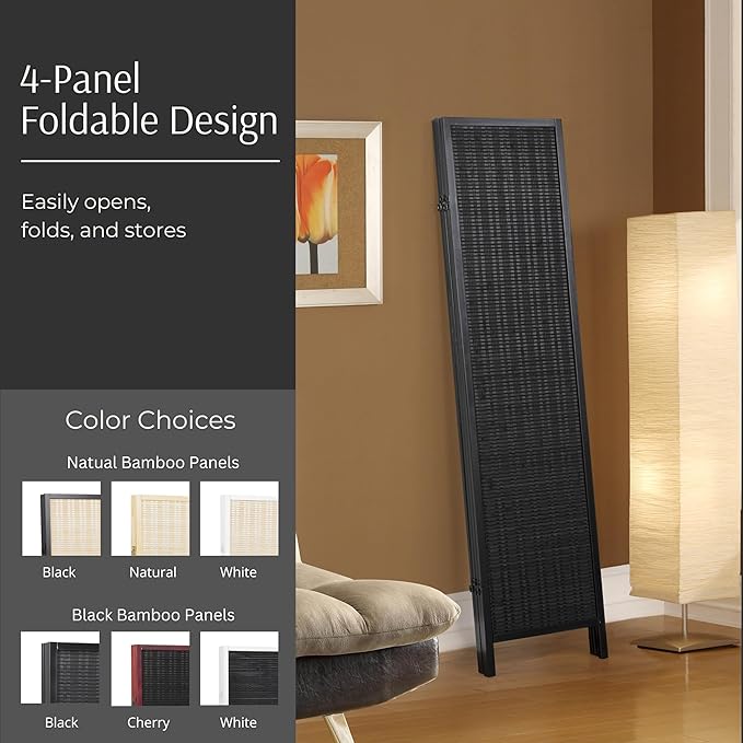Roundhill Furniture Inkwell 4-Panel Bamboo Room Divider, Folding Portable