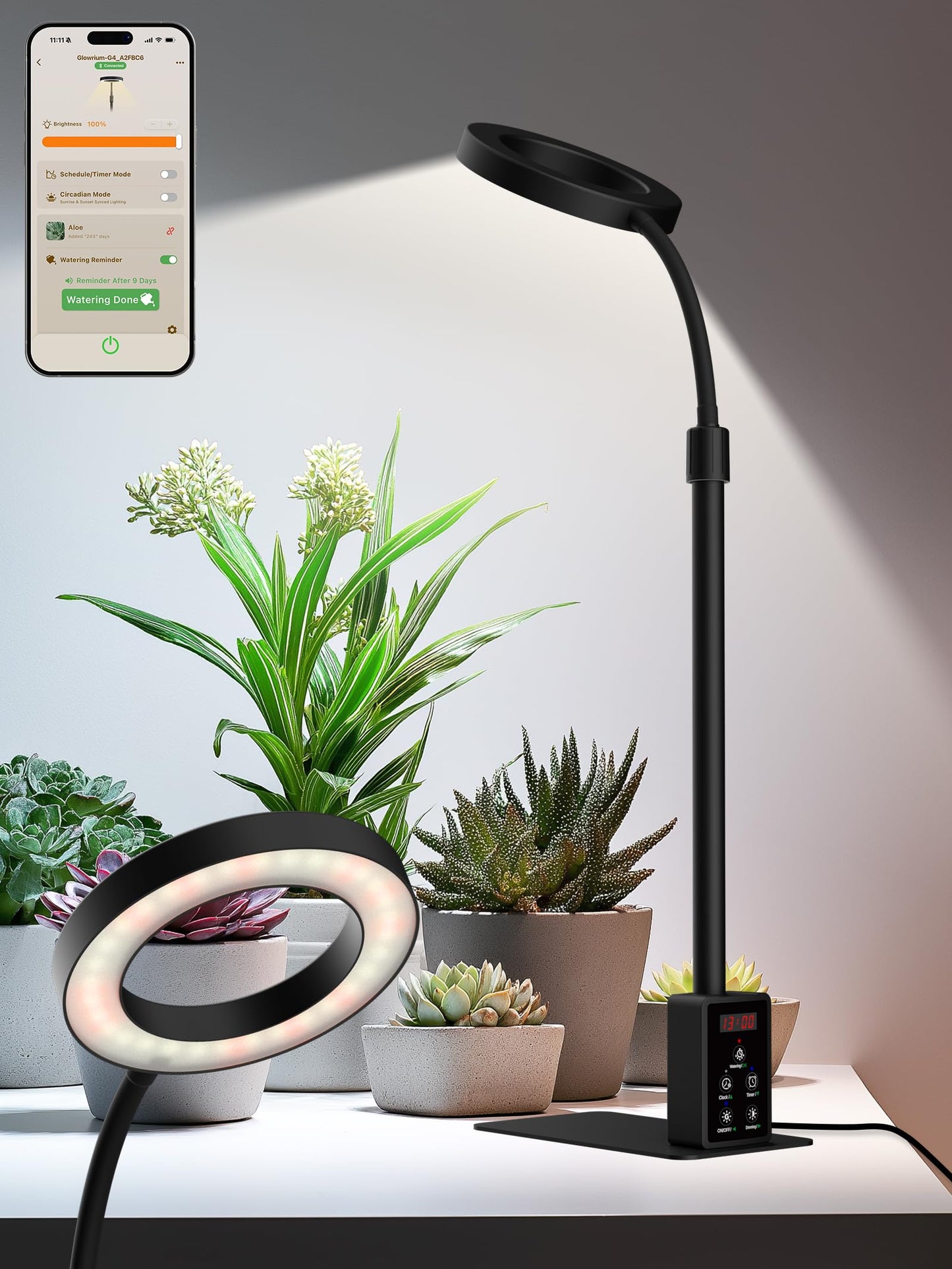 Smart Grow Lights for Indoor Plants, Plant Light with Auto-Timer, Full Spectrum LED Grow Light, Adjustable Height & Stepless Dimming,Plant Assistant Suitable for Most Plants (Black-1)