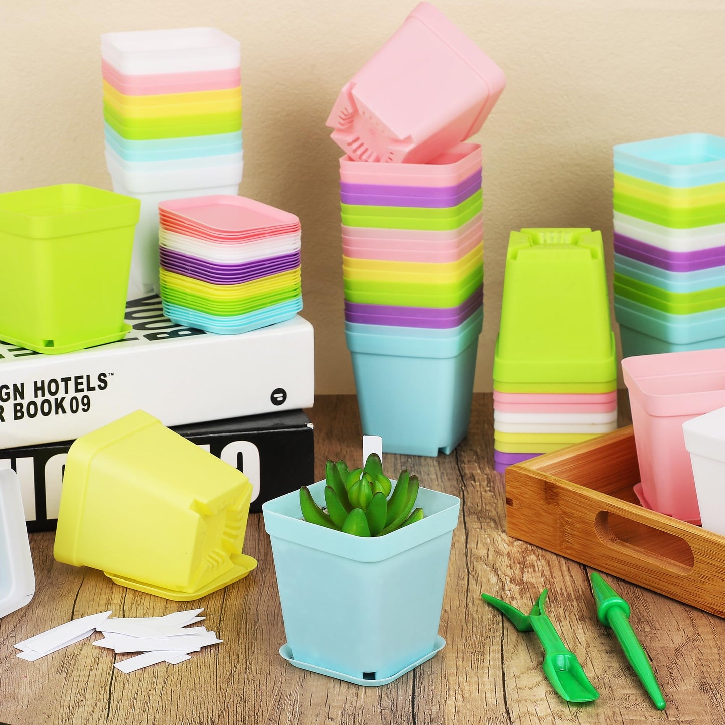 Hahood 120 Pack Mini Plastic Planters 3 Inch Flower Seedling Nursery Pots with Pallet Colorful Square Flower Plant Pots Seed Starting Pots with Labels and Tools for Home Garden Flowers Plants,6 Colors