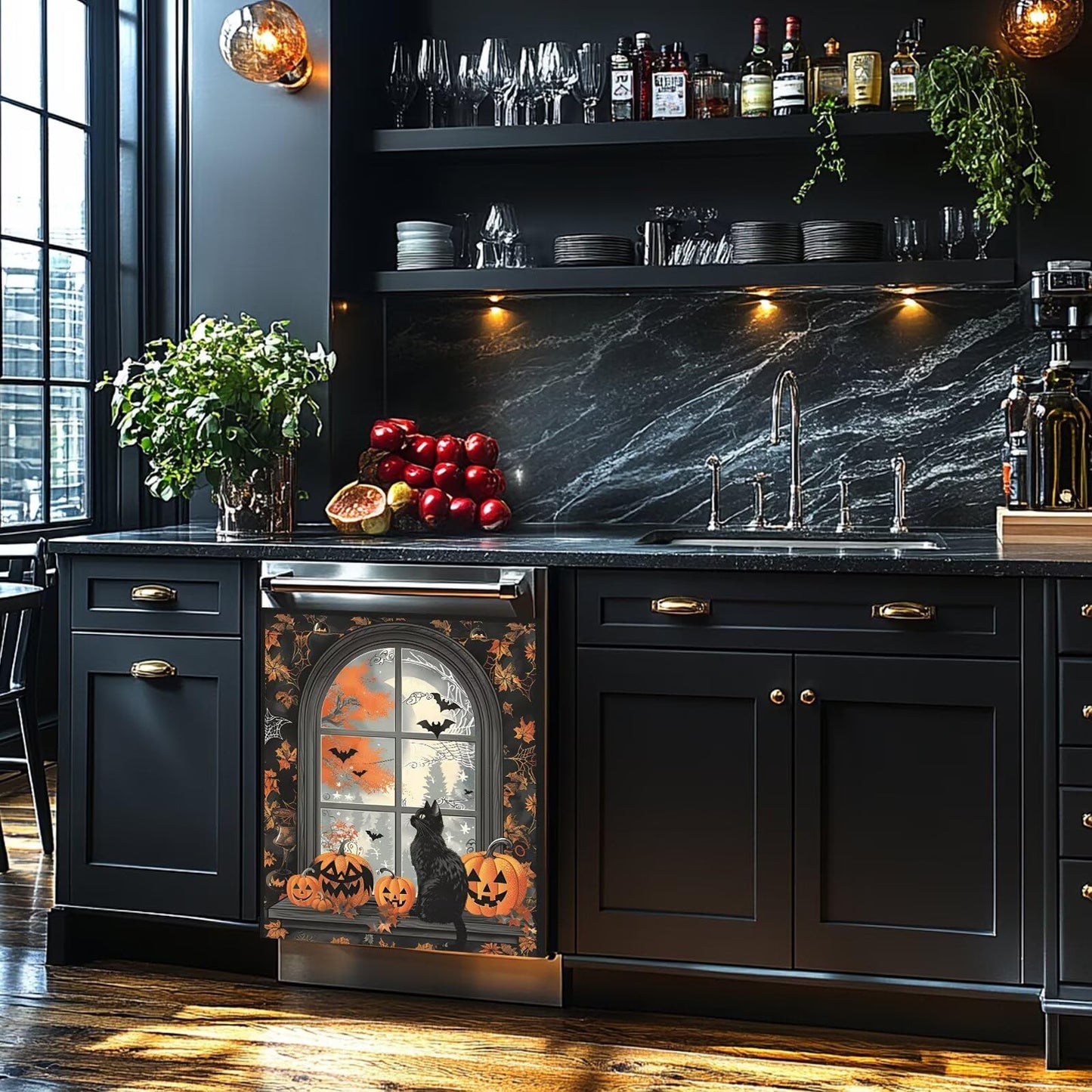Generic Halloween Dishwasher Magnet Cover, Fall Pumpkins Black Cat Bats Kitchen Decor Refrigerator Magnetic Panel Decals, Autumn Maple Leaves Stickers Home Appliances Holiday Decoration 23x26