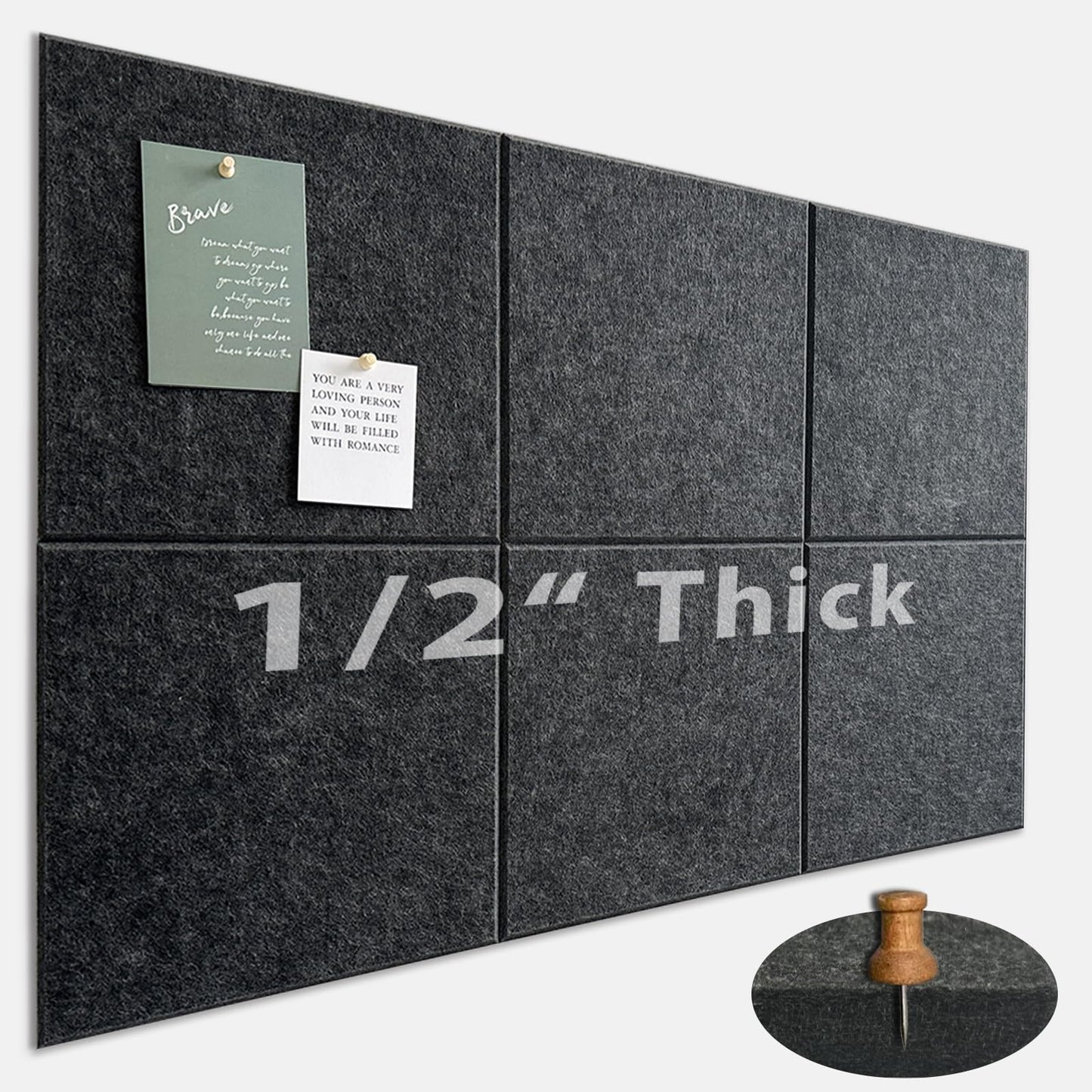 Large Cork Board for Office Wall Decor, 36"x24"- 6 Pack Felt Wall Tiles with Safe Removable Adhesive Tabs, 1/2" Thick, Felt Bulletin Board Pin Board Cork Boards for Walls - Dark Grey
