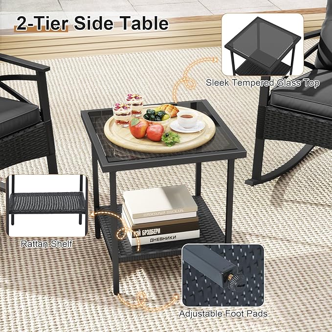 Tangkula 3 Pieces Outdoor Rocking Chairs Set, Rattan Heavy Duty Cushioned