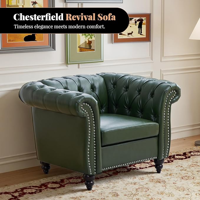 LEVNARY Chesterfield Armchair, Tufted Leather Accent Chair, Mid-Century Modern