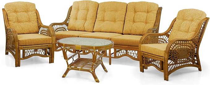 Malibu Lounge Set of 4: 2 Natural Rattan Wicker Chairs, Three-Seater Sofa
