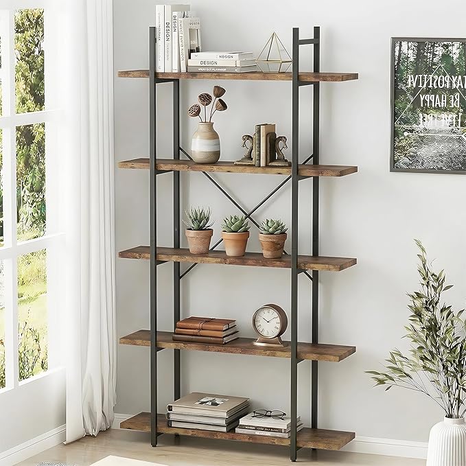 5 Tiers Bookshelf Organizer Industrial Shelf, Modern Open Display Storage