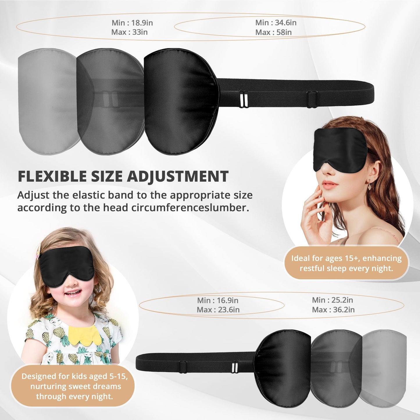 Kids Sleep Mask Eye Cover, 100% Real Natural Pure Silk Eye Mask with Adjustable Strap, Blindfold Kids Eye Mask for Sleeping, Eye Shade for Boys Girls and Adult, Pressure-Free Comfort (Black)
