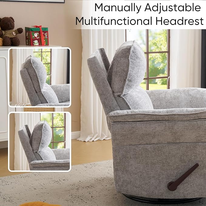 Rocking Chair Nursery with Adjustable Headrest, Manual Swivel Rocker Recliner