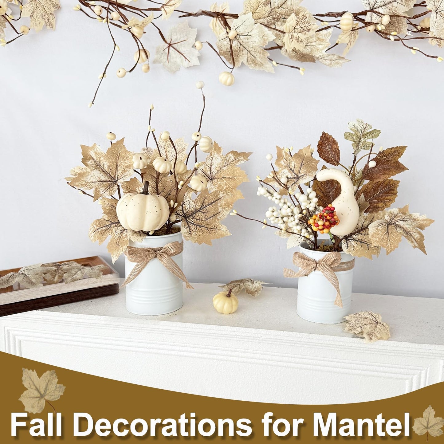 2 Pack 12" Fall Decorations Fall Centerpieces for Tables Potted White Maple Arrangement in Metal Pot White Pumpkin Berried Autumn Thanksgiving Decorations for Home Table Kitchen Office Farmhouse Decor