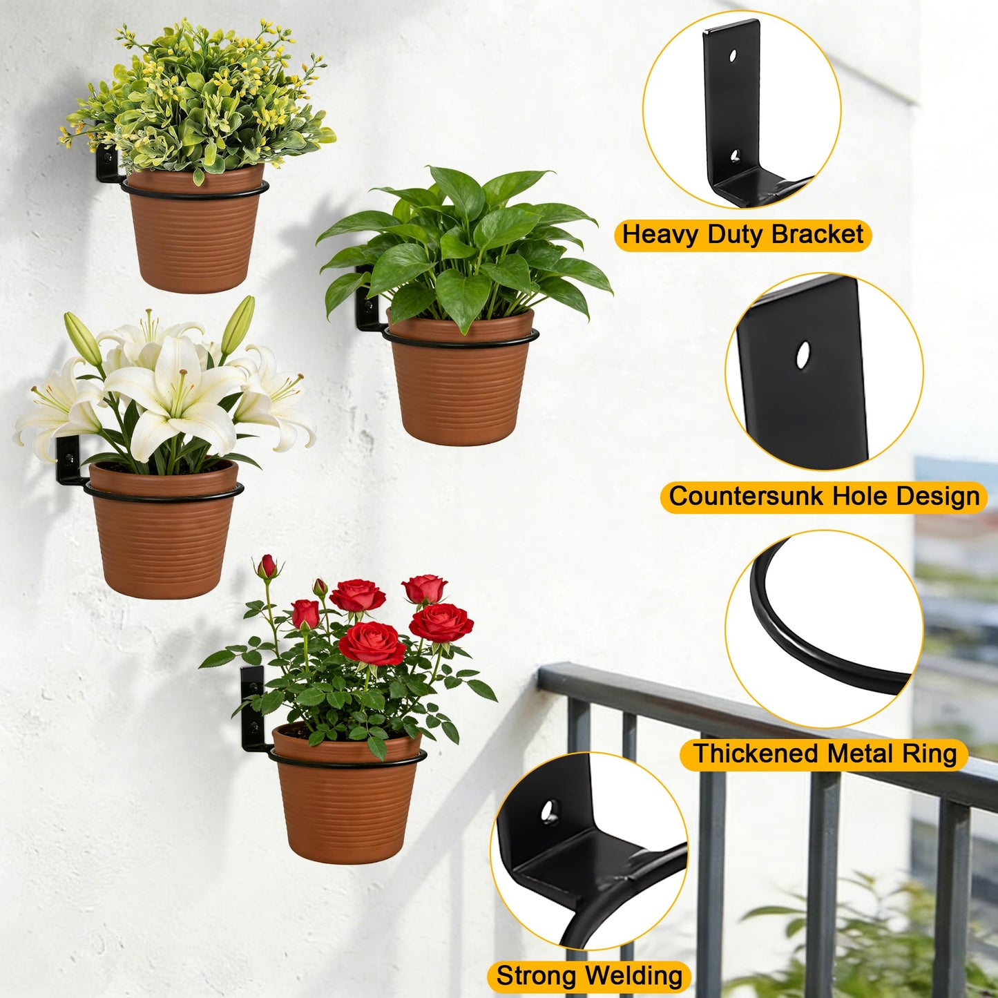 WYIPOLZI 6 Pack 4 Inch Flower Pot Holder Ring Wall Mount, Metal Plant Holder Rings with 12 Screws & 12 Bolts, Potted Planter Brackets for Indoor Outdoor Garden, Patio,Black