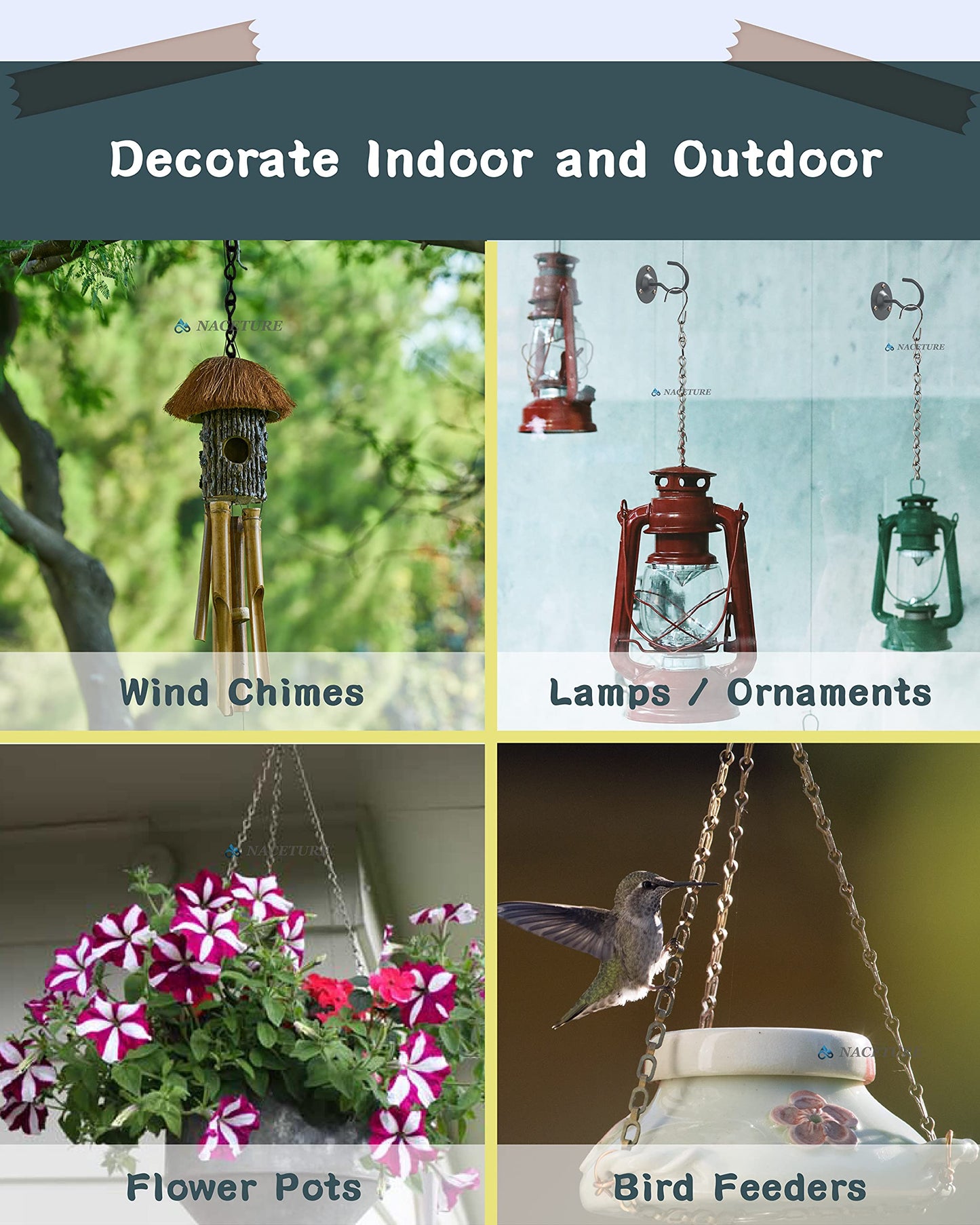 NACETURE Ceiling Hooks for Hanging Plants 3 Pack - Plant Hanger Indoor Hanging Hooks Metal Plant Bracket Iron Lanterns Hangers for Wind Chimes (White 3 Pack + Chain)