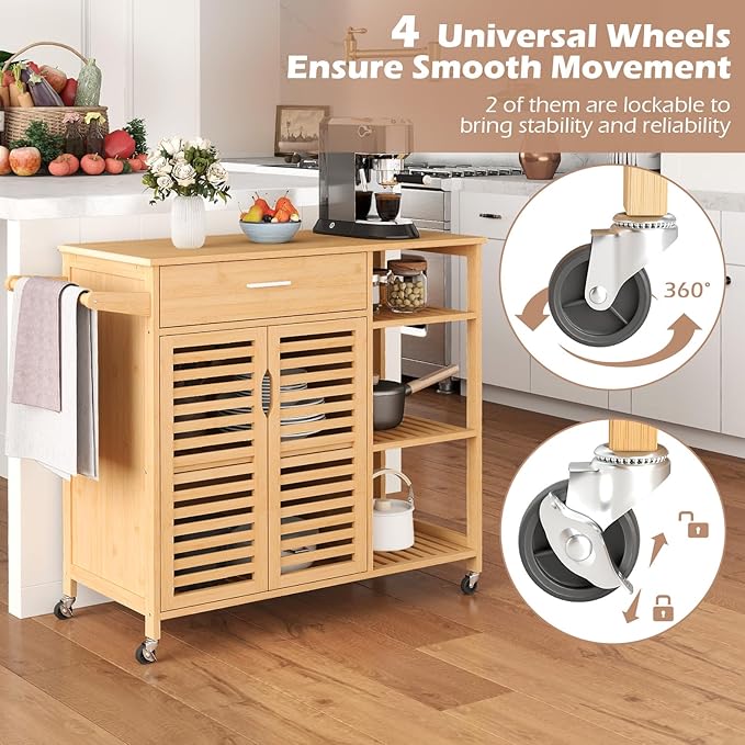 Giantex Bamboo Kitchen Island Cart, Mobile Serving Cart