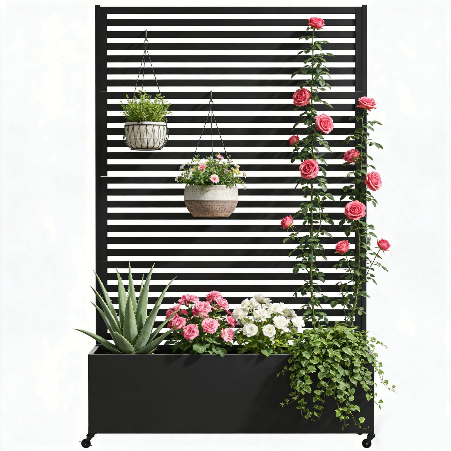 Sunnibety Metal Planter Box with Trellis Privacy Screen, Raised Garden Bed with Trellis & Wheels, Privacy Planters for Patio, Planter Box with Drainage Holes for Climbing Plants, 73"x 47"x 16", Black