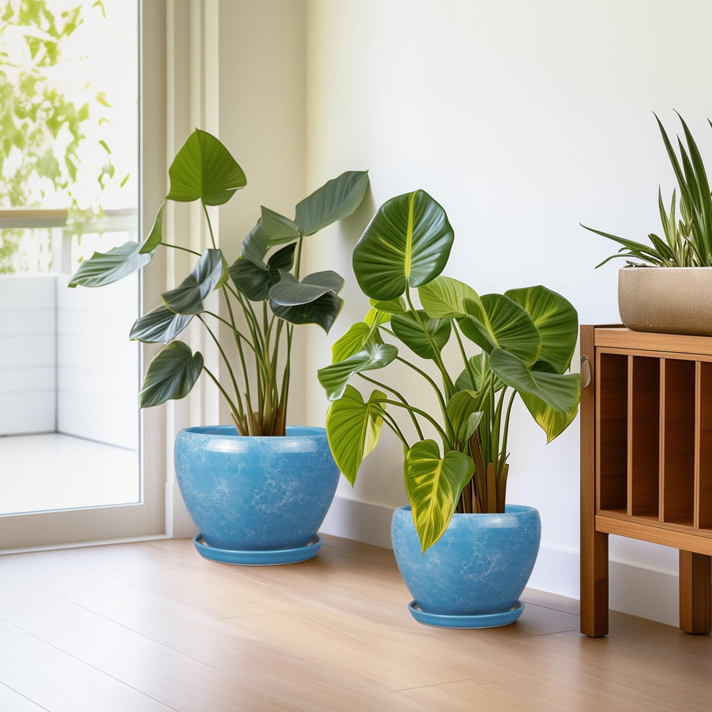 EPFamily Ceramic Plant Pots - 10+8+6 Inch Modern Round Planters for Indoor Outdoor with Drainage Holes and Plant Saucers, Room Patio House Office Decor, Gardening Gifts for Women Men, Set of 3, Blue